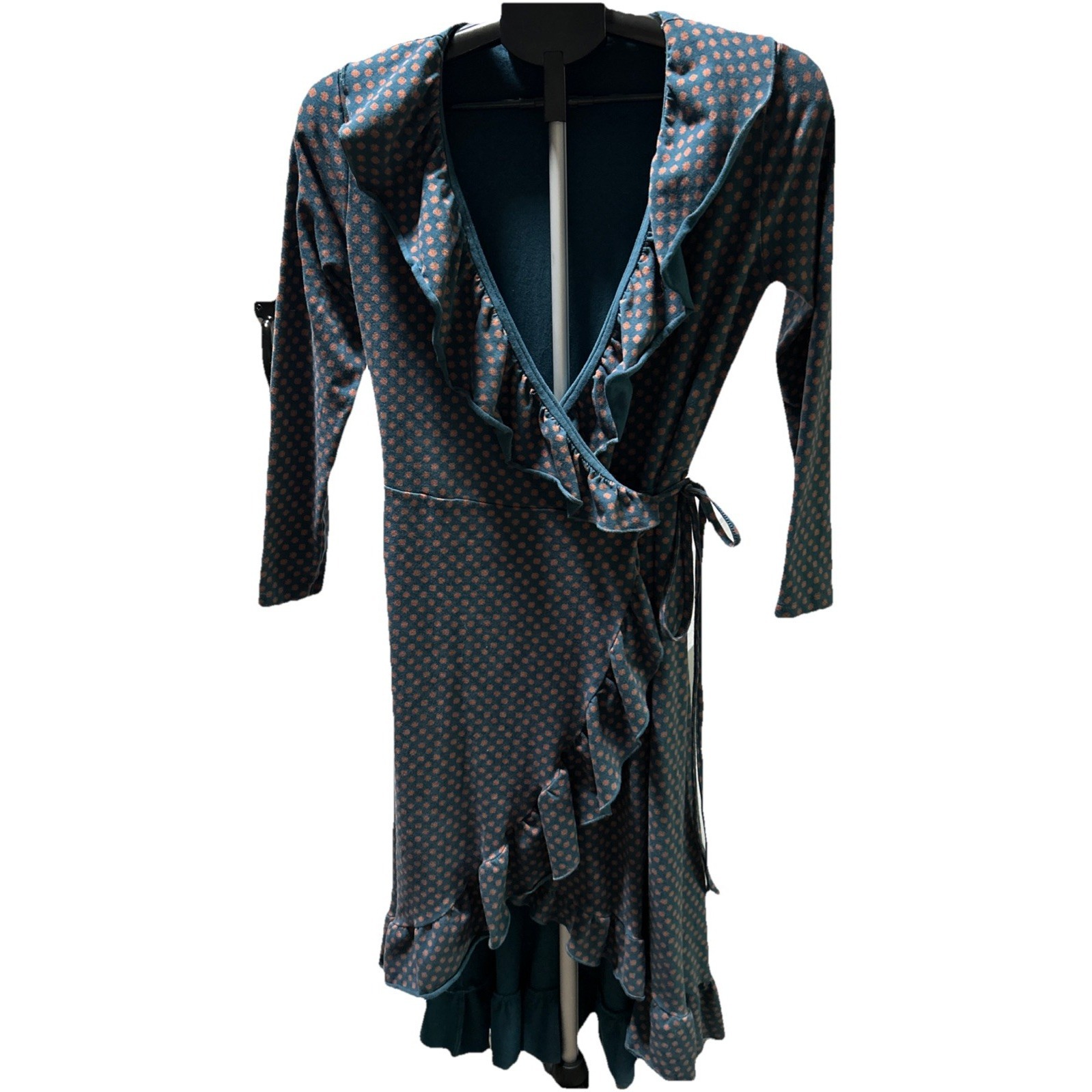 Matilda Jane Reunion Wrap Dress Women Sz S Teal Polka Dot Ruffle Cottage Prairie
